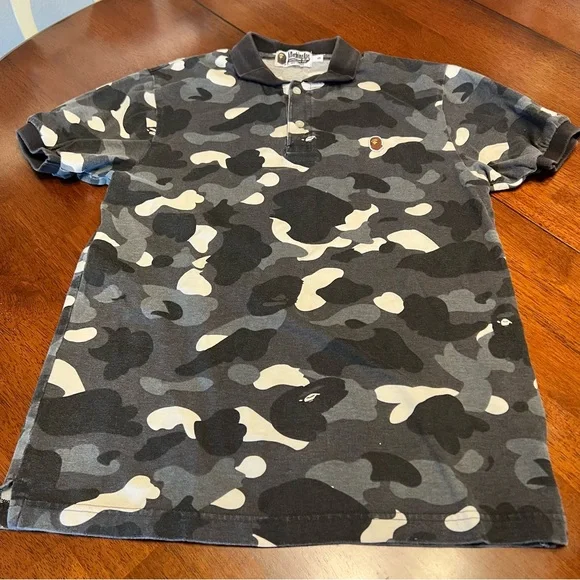 BAPE A Bathing Ape Camo Polo Shirt Gray/Black Ape Head Logo Mens Small - Picture 2 of 11
